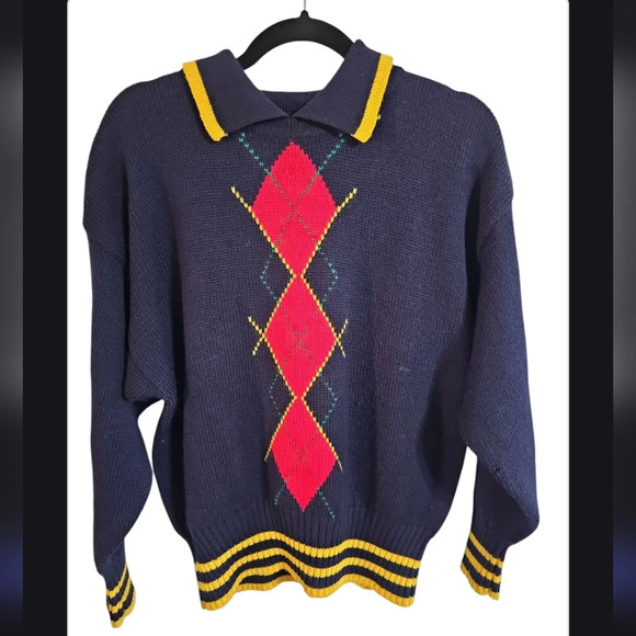 Esprit Sport M 80s Navy Yellow Argyle Wool Collared Sweater Preppy Collegiate - Picture 2 of 7